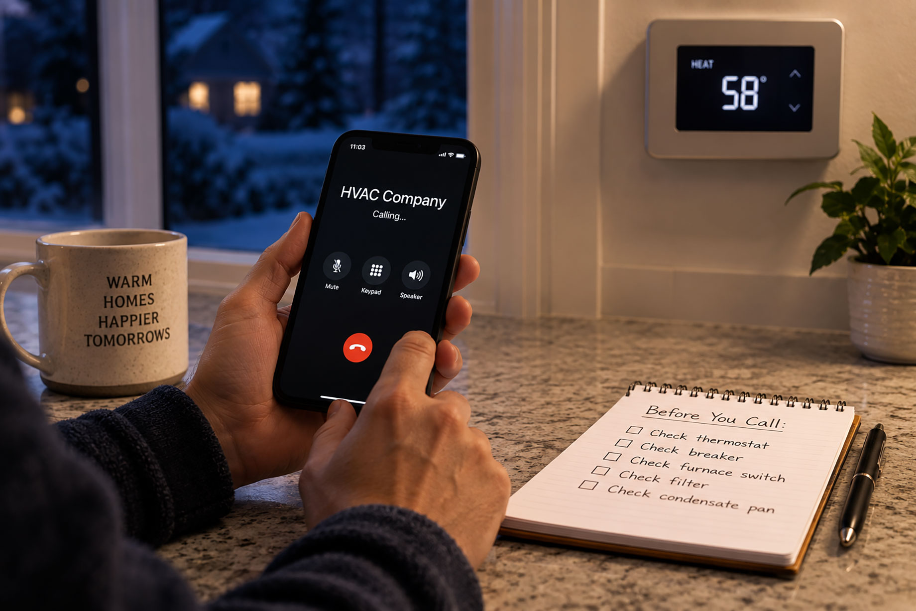 Hands calling an HVAC company late at night beside a thermostat reading 58 degrees, with a winter scene visible through the window.