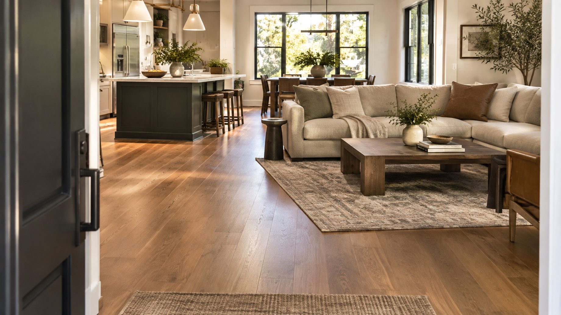 Spotless modern living room with a neatly arranged sofa, clear coffee table, clean hardwood floors, and an open kitchen viewed from the entryway.