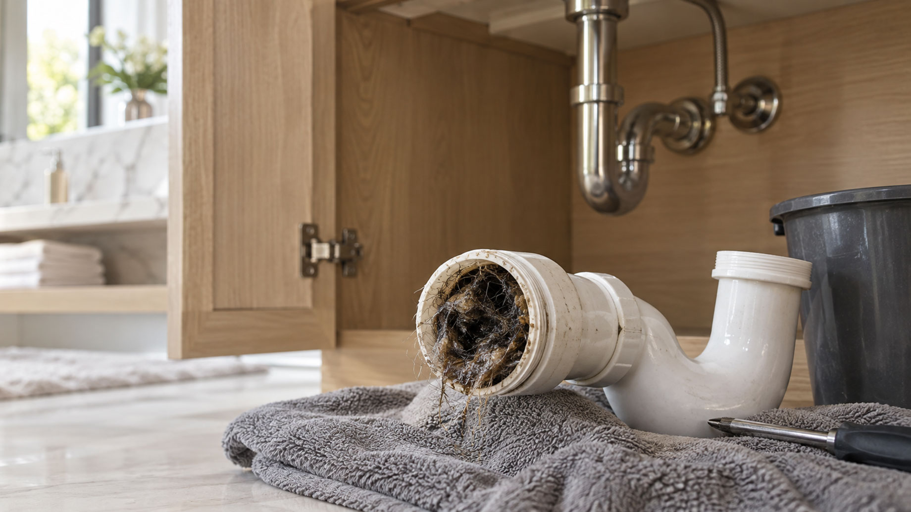 Clogged P-trap removed beneath a luxury kitchen sink with hair and debris blocking the drain pipe.