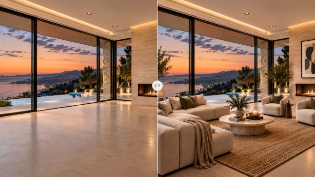Luxury living room shown empty on the left and virtually staged on the right, with coastal sunset views and central comparison arrows.