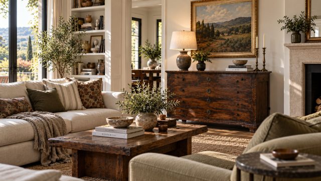 Sunlit living room with a cream sofa, antique timber chest, rustic coffee table, layered textiles, framed landscape art, books, and greenery.