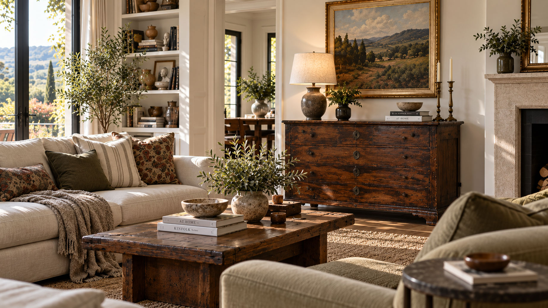 Sunlit living room with a cream sofa, antique timber chest, rustic coffee table, layered textiles, framed landscape art, books, and greenery.