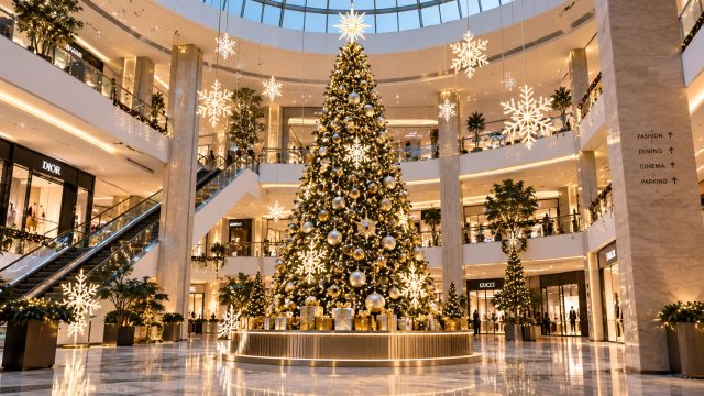 Tall Christmas tree with gold and silver ornaments and illuminated snowflakes on a circular platform in a luxury shopping mall atrium.