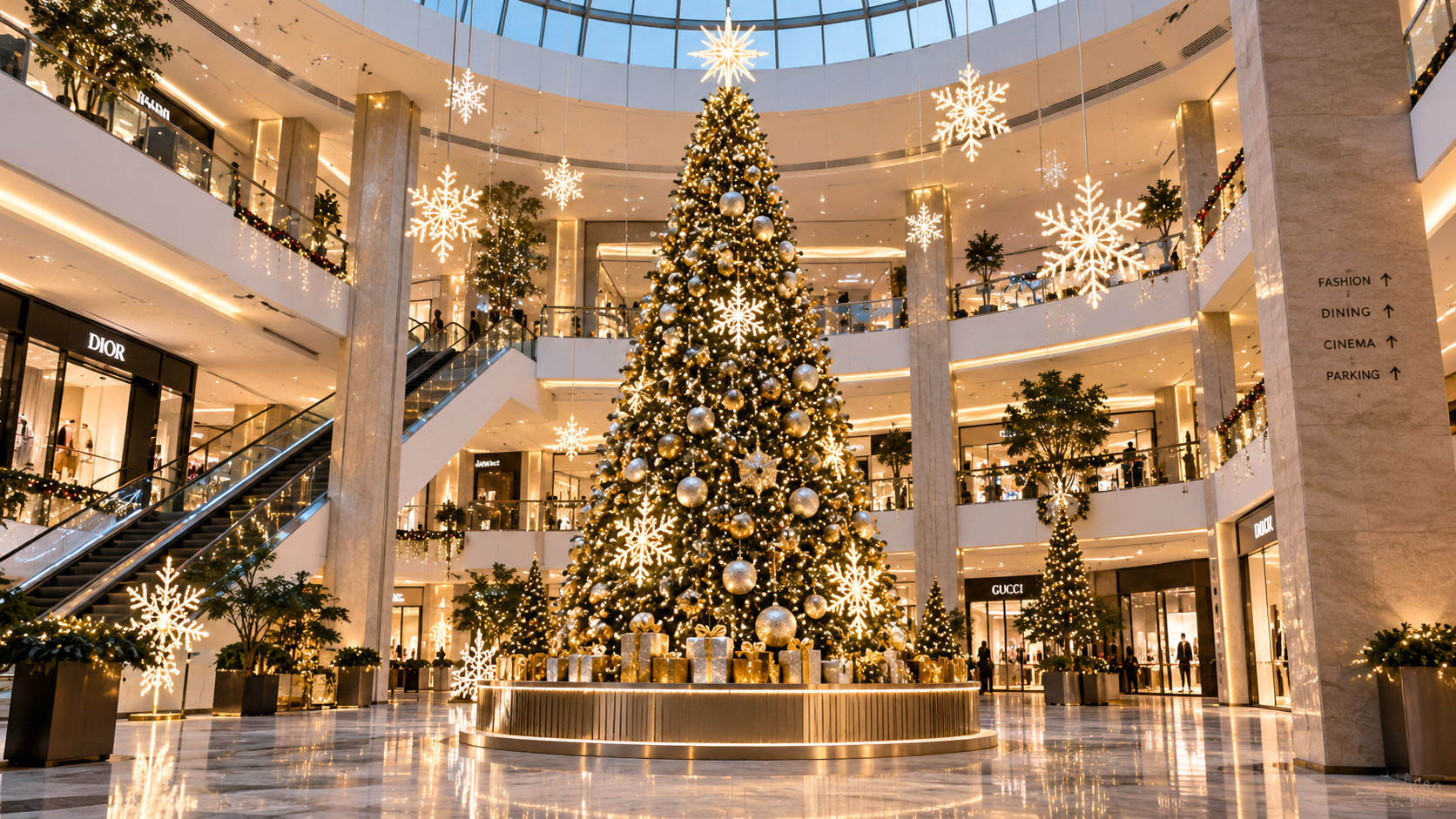 Tall Christmas tree with gold and silver ornaments and illuminated snowflakes on a circular platform in a luxury shopping mall atrium.