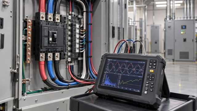 Power quality analyzer connected to commercial electrical switchgear to monitor voltage, harmonics, and electrical performance.