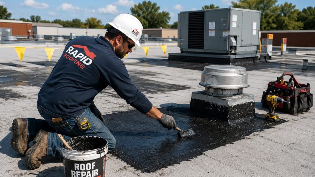 Commercial roofing contractor applying a protective repair coating around a rooftop vent on a flat commercial roof in Hartford, Michigan.
