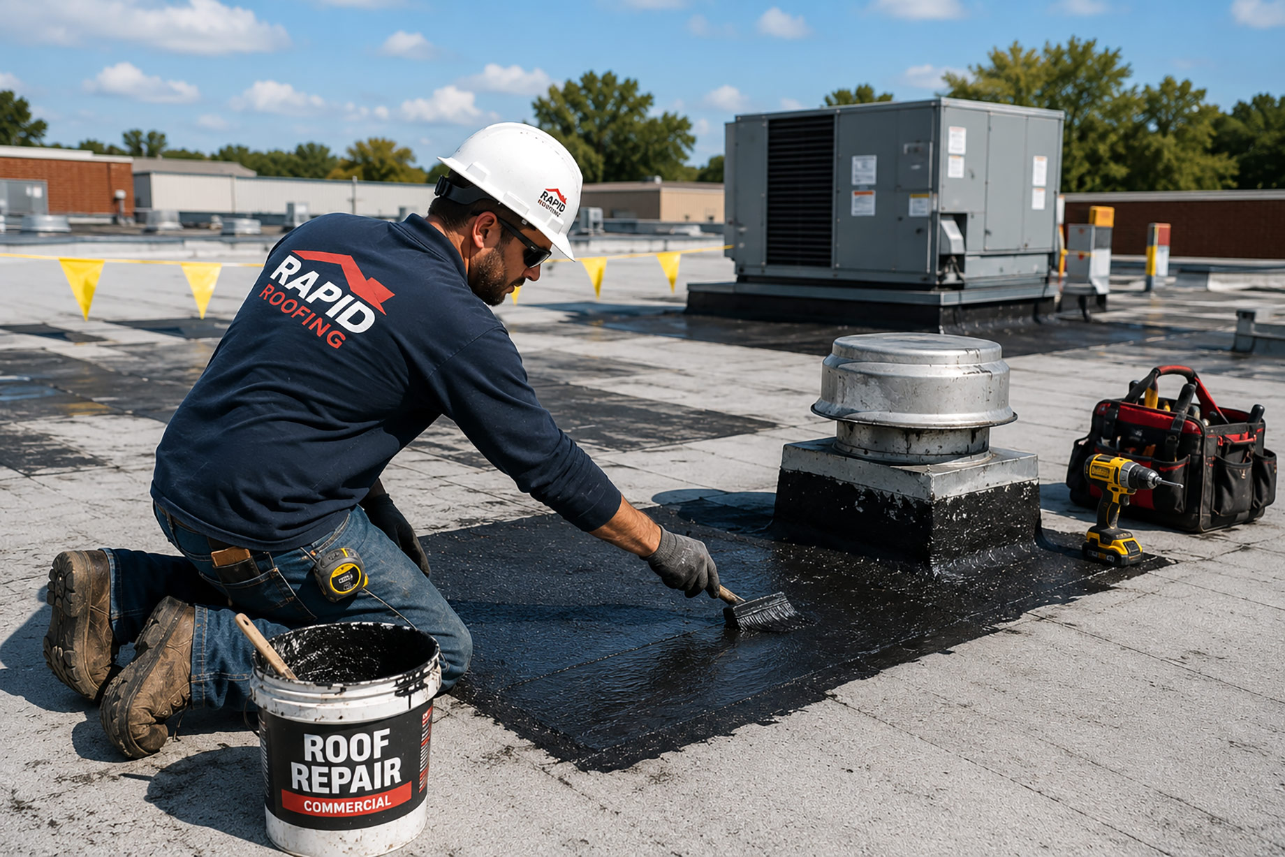 Commercial roofing contractor applying a protective repair coating around a rooftop vent on a flat commercial roof in Hartford, Michigan.