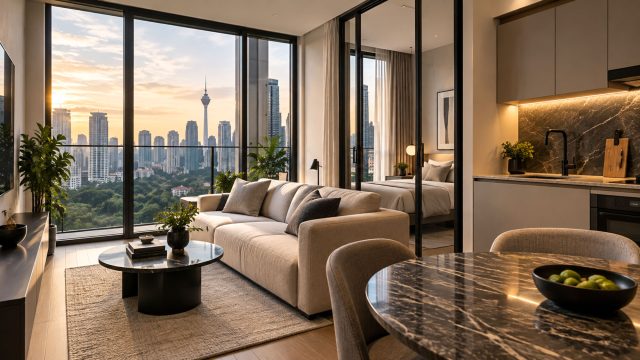 Contemporary luxury apartment with open-plan living, dining and kitchen areas, a glass-partitioned bedroom, and floor-to-ceiling city views.
