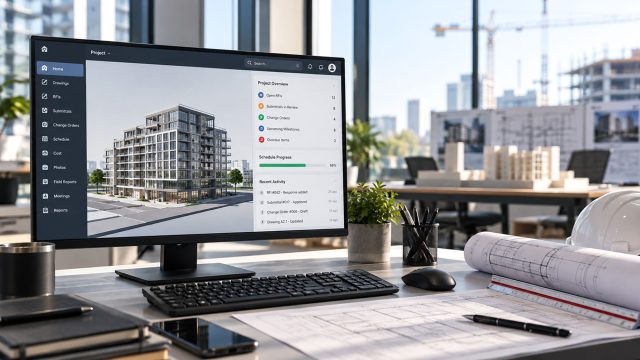 Construction management dashboard displaying a building model, RFIs, submittals, change orders, and schedule progress beside plans and a hard hat.