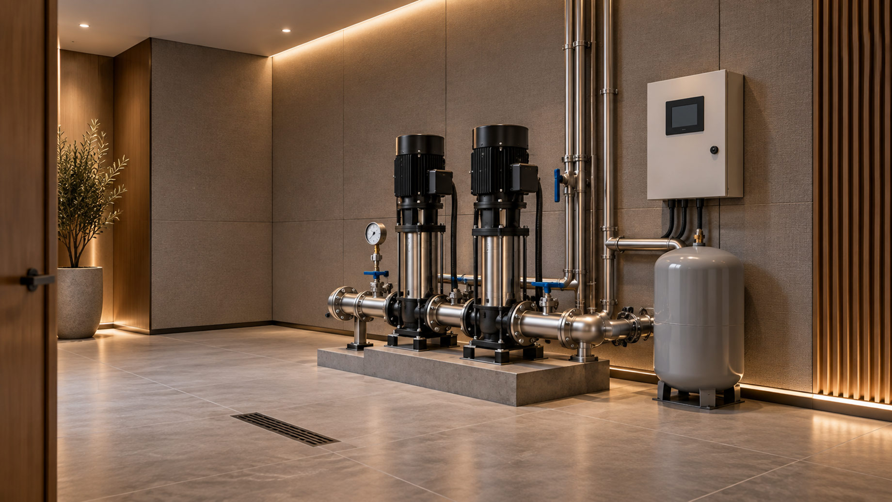 Twin vertical booster pumps with stainless steel pipework, a gray pressure tank, and clear floor space in a contemporary utility room.