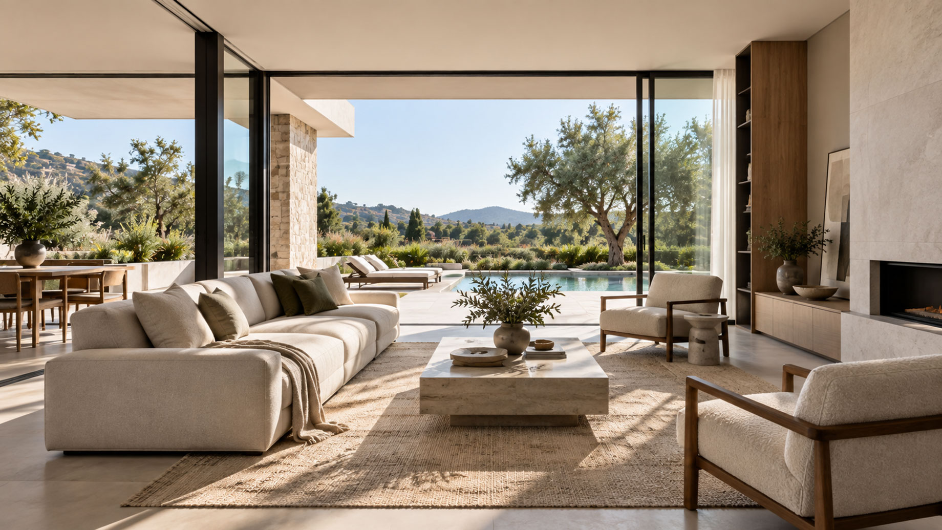 Cream sofa and wood-framed armchairs surround a stone coffee table in a contemporary living room opening onto a pool terrace.