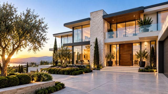 Contemporary luxury residence with stone cladding, expansive glass walls, landscaped gardens, illuminated entry steps, and distant water and hills at sunset.
