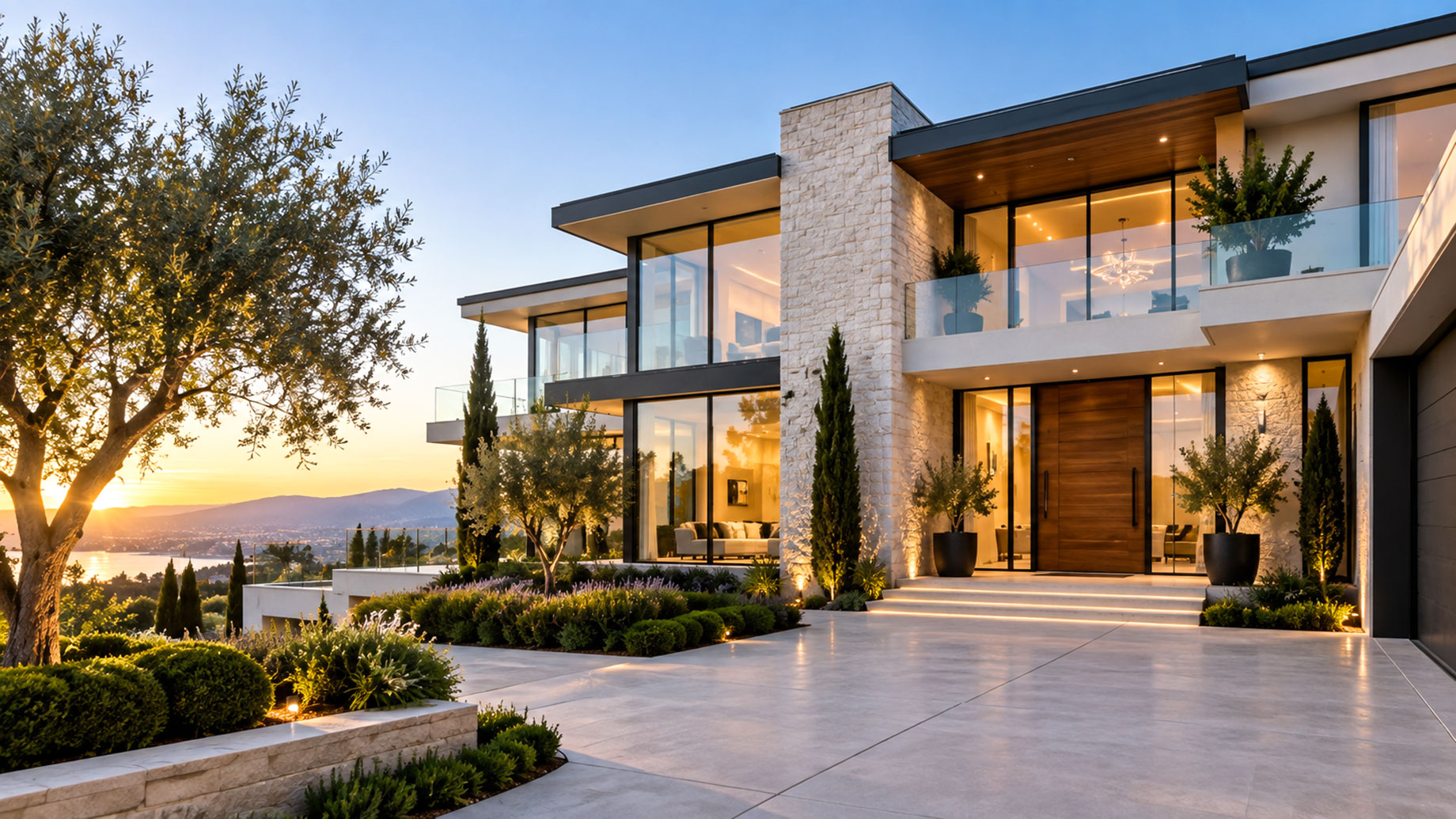 Contemporary luxury residence with stone cladding, expansive glass walls, landscaped gardens, illuminated entry steps, and distant water and hills at sunset.