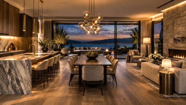 Glass globe chandelier, brass island pendants, and shaded lamps illuminate an open-plan luxury kitchen, dining area, and living room.