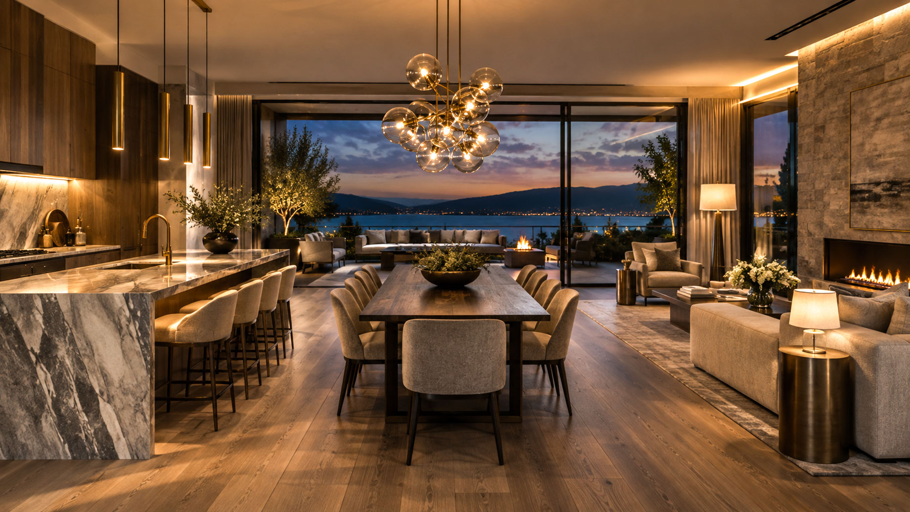 Glass globe chandelier, brass island pendants, and shaded lamps illuminate an open-plan luxury kitchen, dining area, and living room.