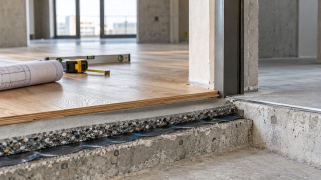Exposed apartment floor layers showing timber boards, screed, acoustic underlay, moisture barrier, and concrete at a doorway threshold.