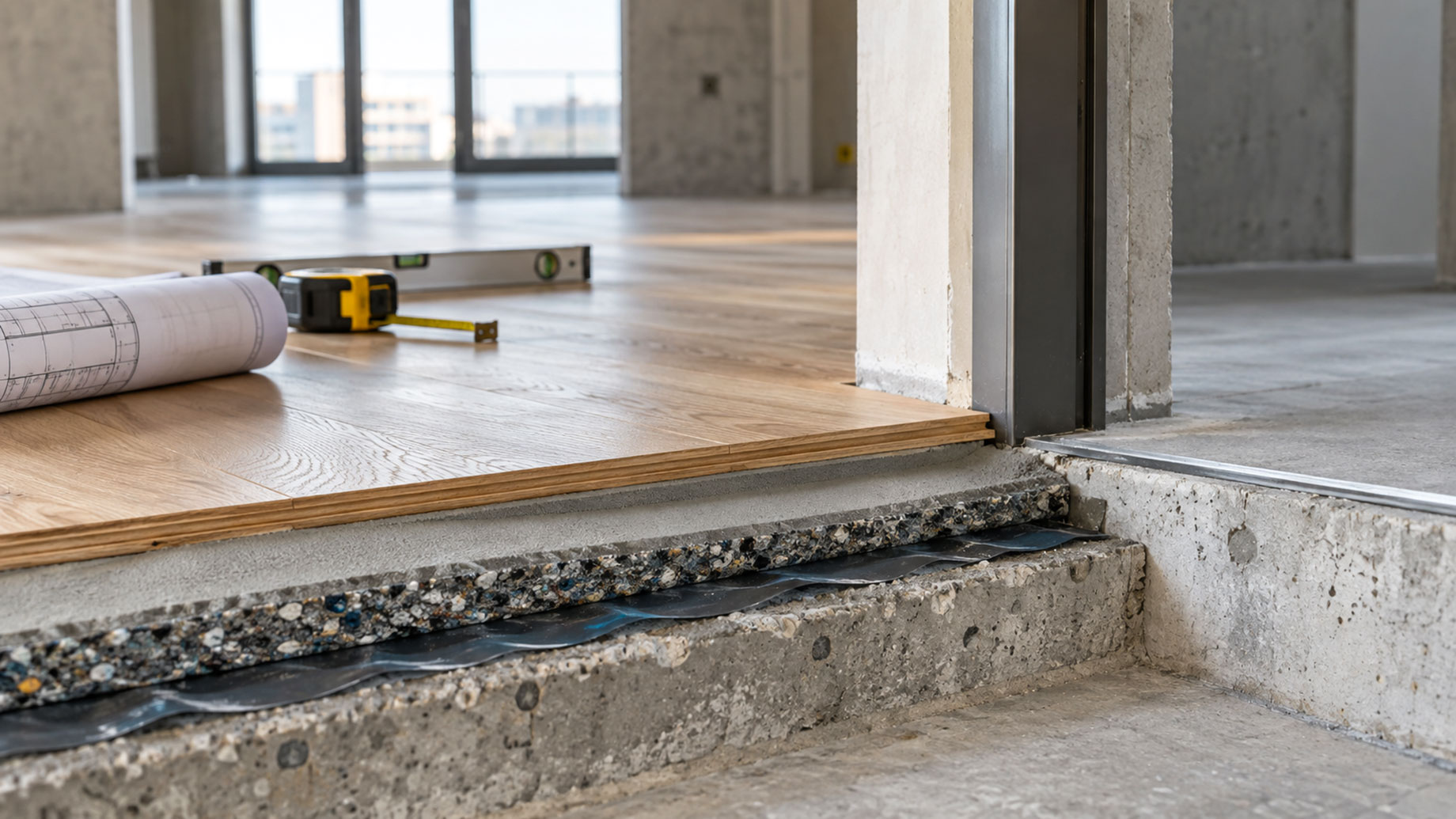 Exposed apartment floor layers showing timber boards, screed, acoustic underlay, moisture barrier, and concrete at a doorway threshold.