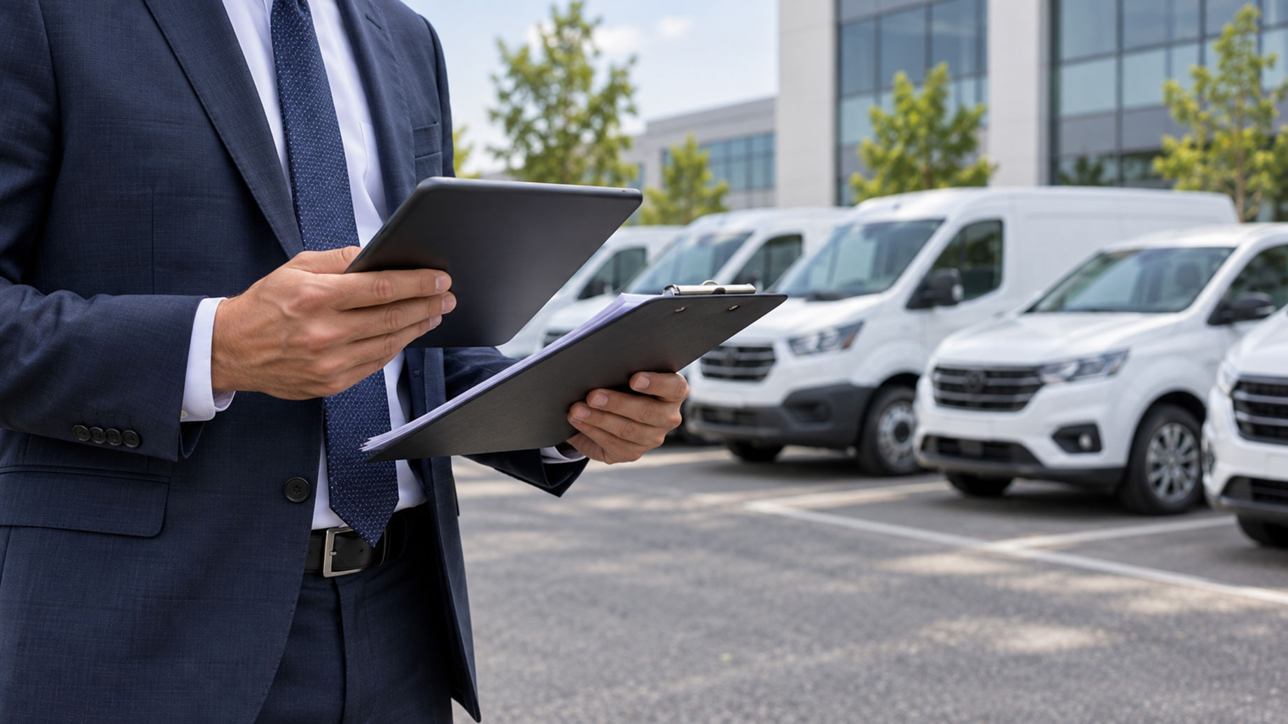 Business leader reviewing fleet records on a tablet and clipboard beside company vans and vehicles outside a modern office.