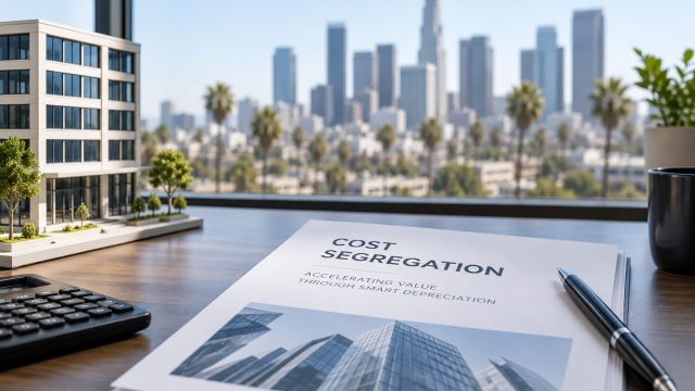 Cost segregation report beside a calculator and commercial building model, with a palm-lined California skyline visible through an office window.