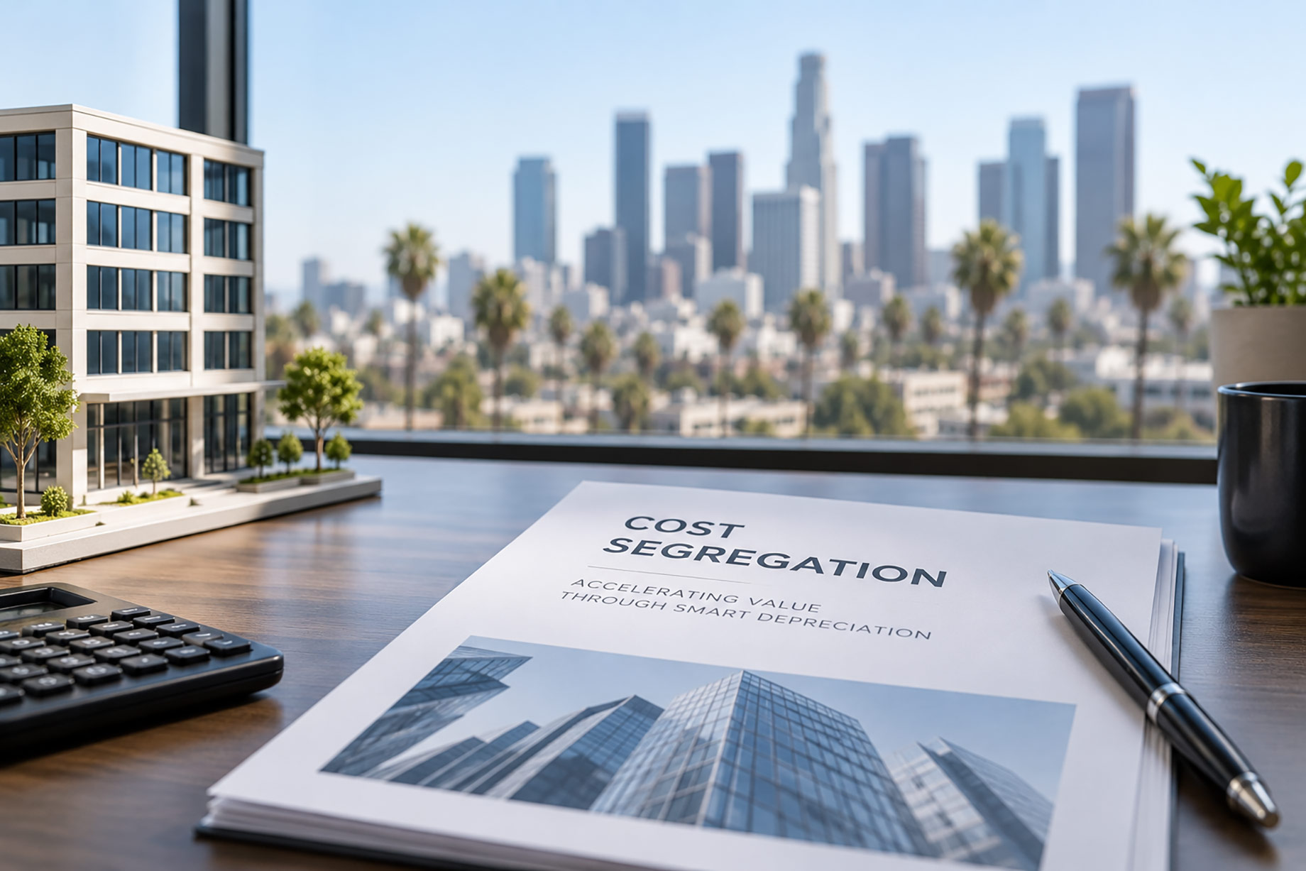Cost segregation report beside a calculator and commercial building model, with a palm-lined California skyline visible through an office window.