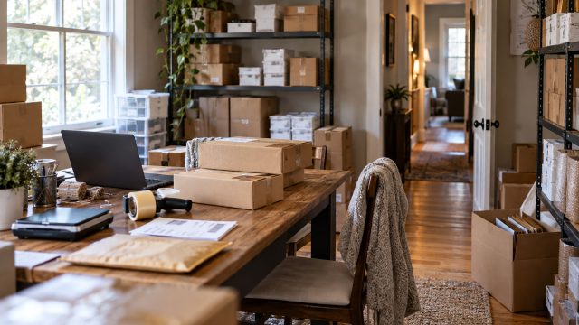 Home-based business packing workspace with cardboard shipping boxes, inventory shelves, a laptop, and packaging supplies arranged around a wooden table.