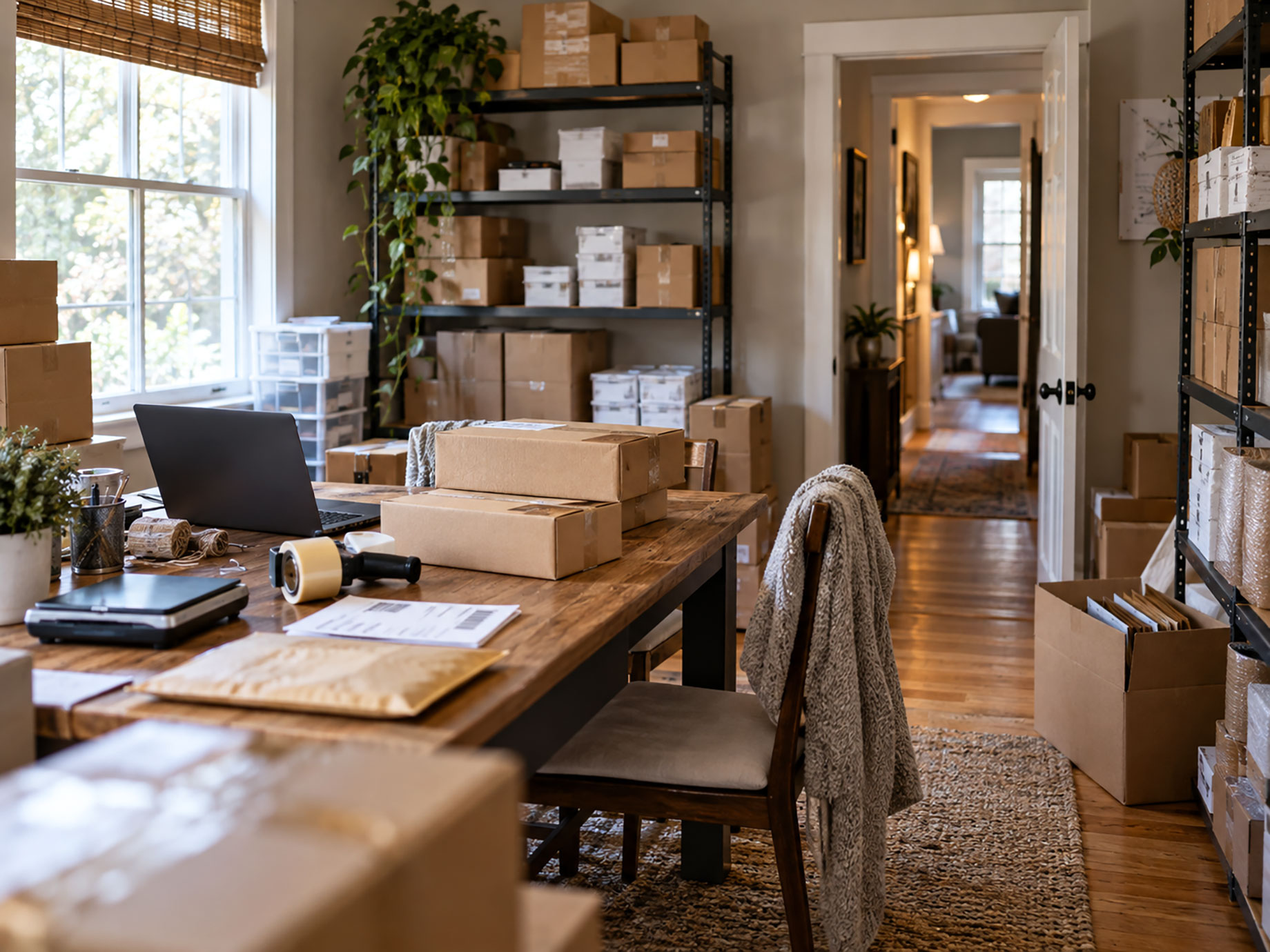 Home-based business packing workspace with cardboard shipping boxes, inventory shelves, a laptop, and packaging supplies arranged around a wooden table.