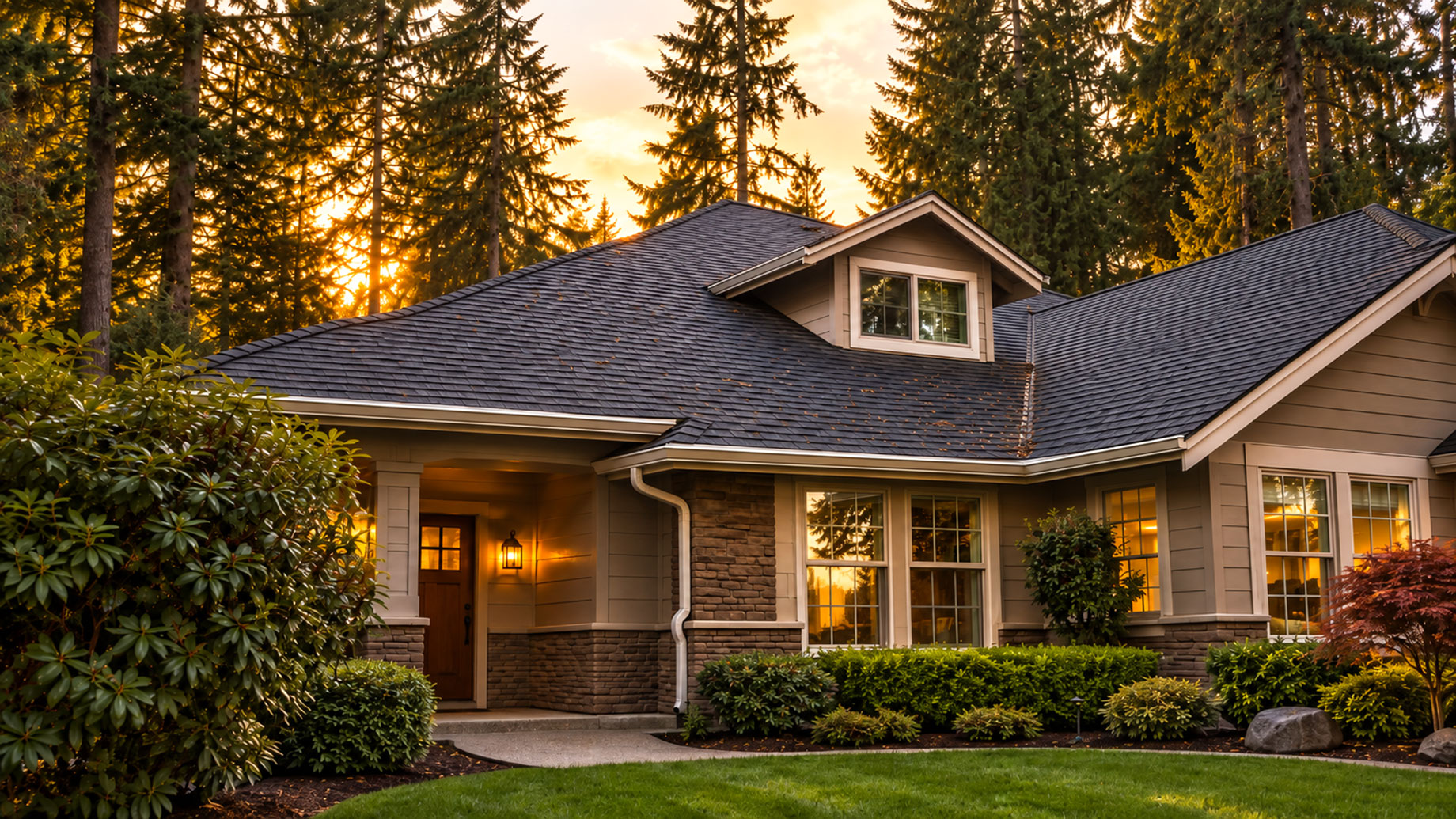 Craftsman-style home with a charcoal shingle roof, gabled dormer, and pale gutters, surrounded by evergreen trees at sunset.