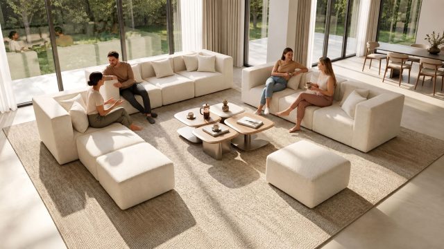 Four adults chatting on cream modular sofas around rounded coffee tables in a sunlit living room with garden views.