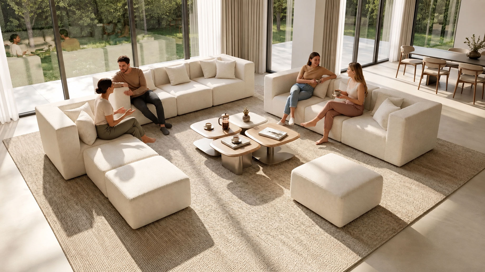 Four adults chatting on cream modular sofas around rounded coffee tables in a sunlit living room with garden views.
