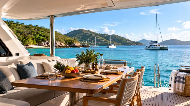 Luxury crewed yacht with a private dining area overlooking turquoise Caribbean waters, tropical islands, and anchored sailing yachts.