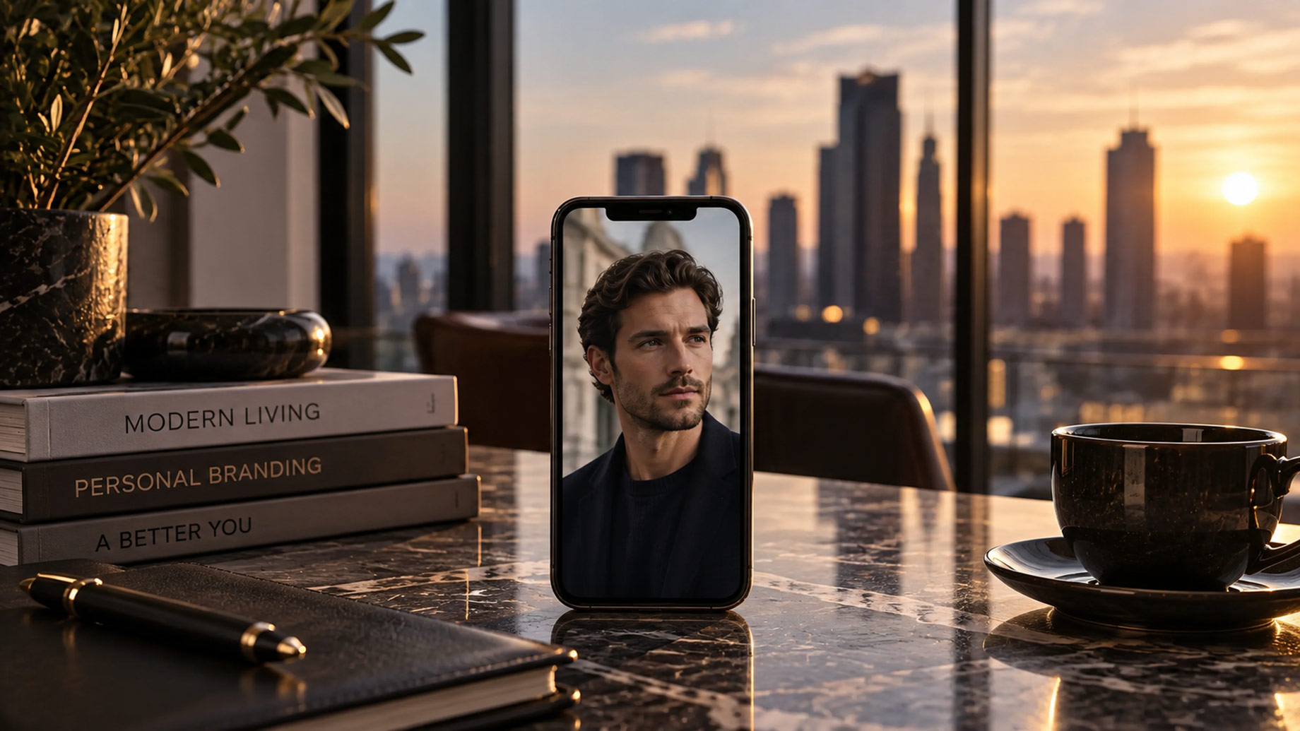 A smartphone displaying a polished portrait of a man stands on a marble table beside books, a journal, and coffee in a luxury interior at sunset.