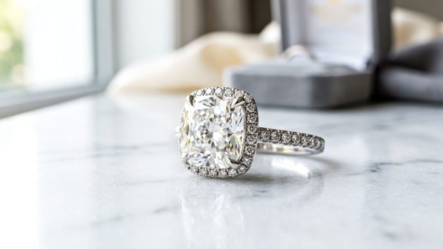 Cushion cut diamond engagement ring with a sparkling halo and pavé band displayed on a polished marble surface.