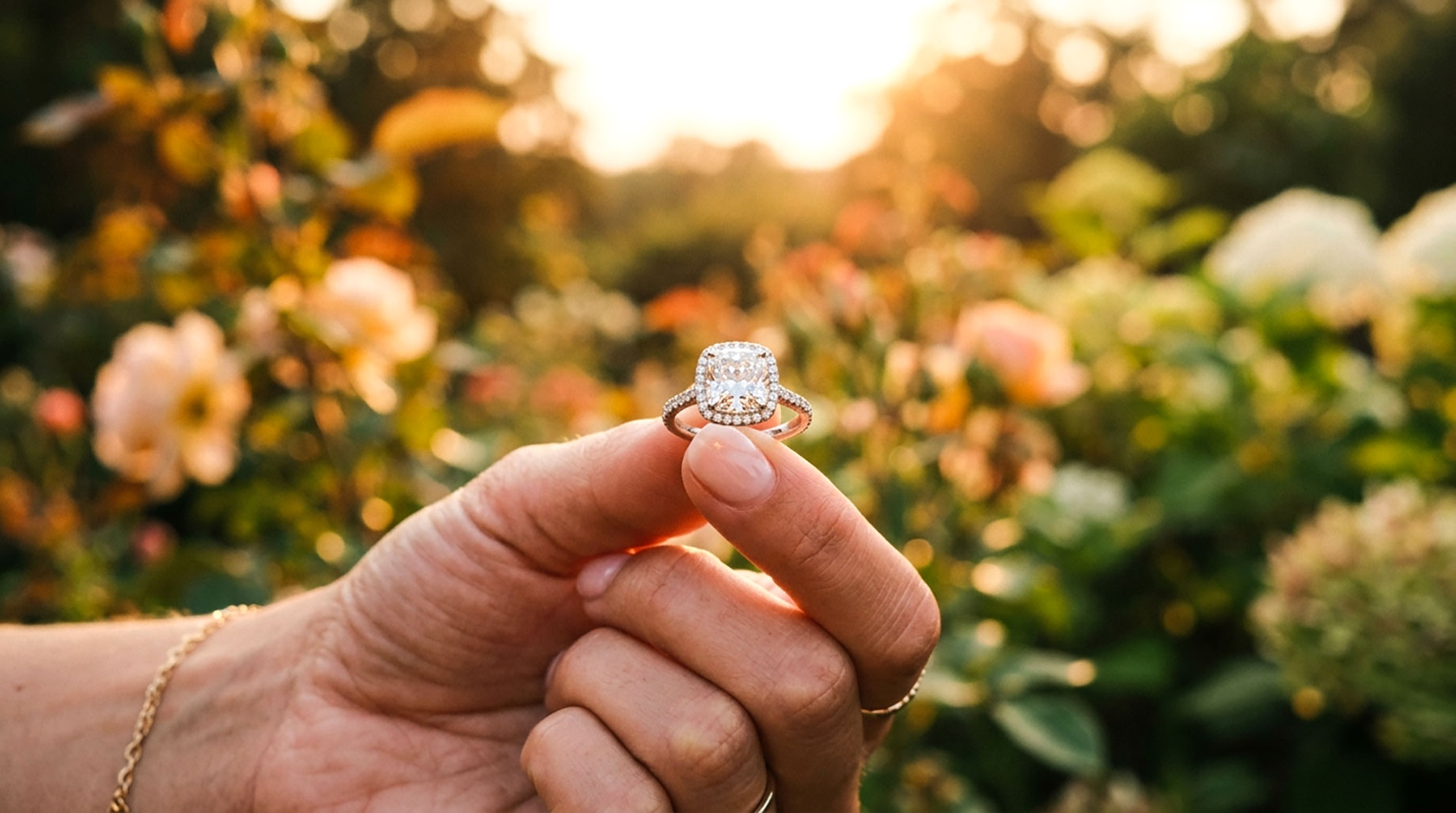 Hand holding a cushion cut diamond engagement ring with a halo setting against a softly blurred garden at sunset.