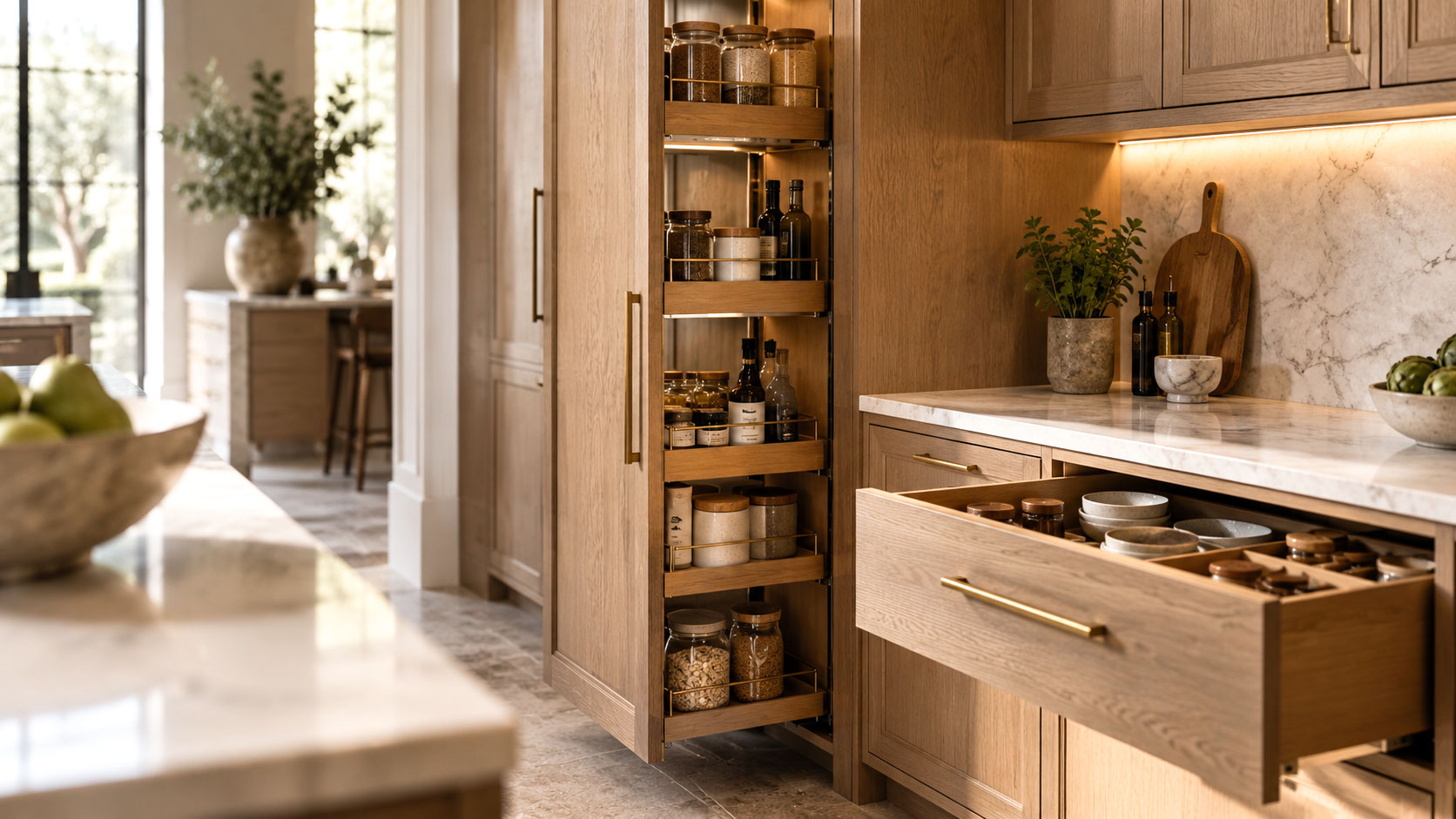 Open wood pantry and divided kitchen drawer holding jars and bowls, with brass handles, pale stone counters, and warm lighting.