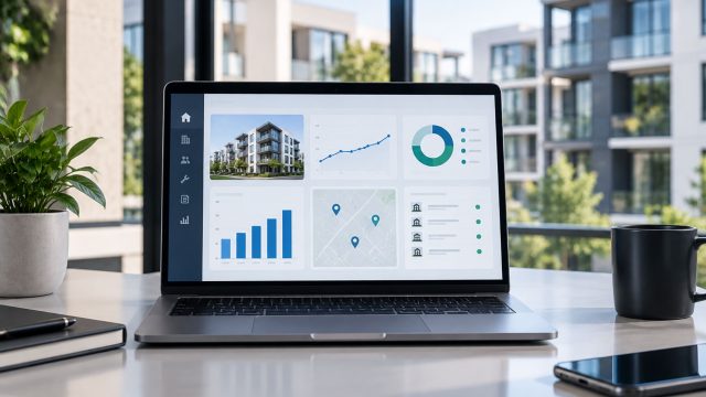 Laptop displaying a modern real estate analytics dashboard with property metrics, charts, maps, and portfolio data in a contemporary office.