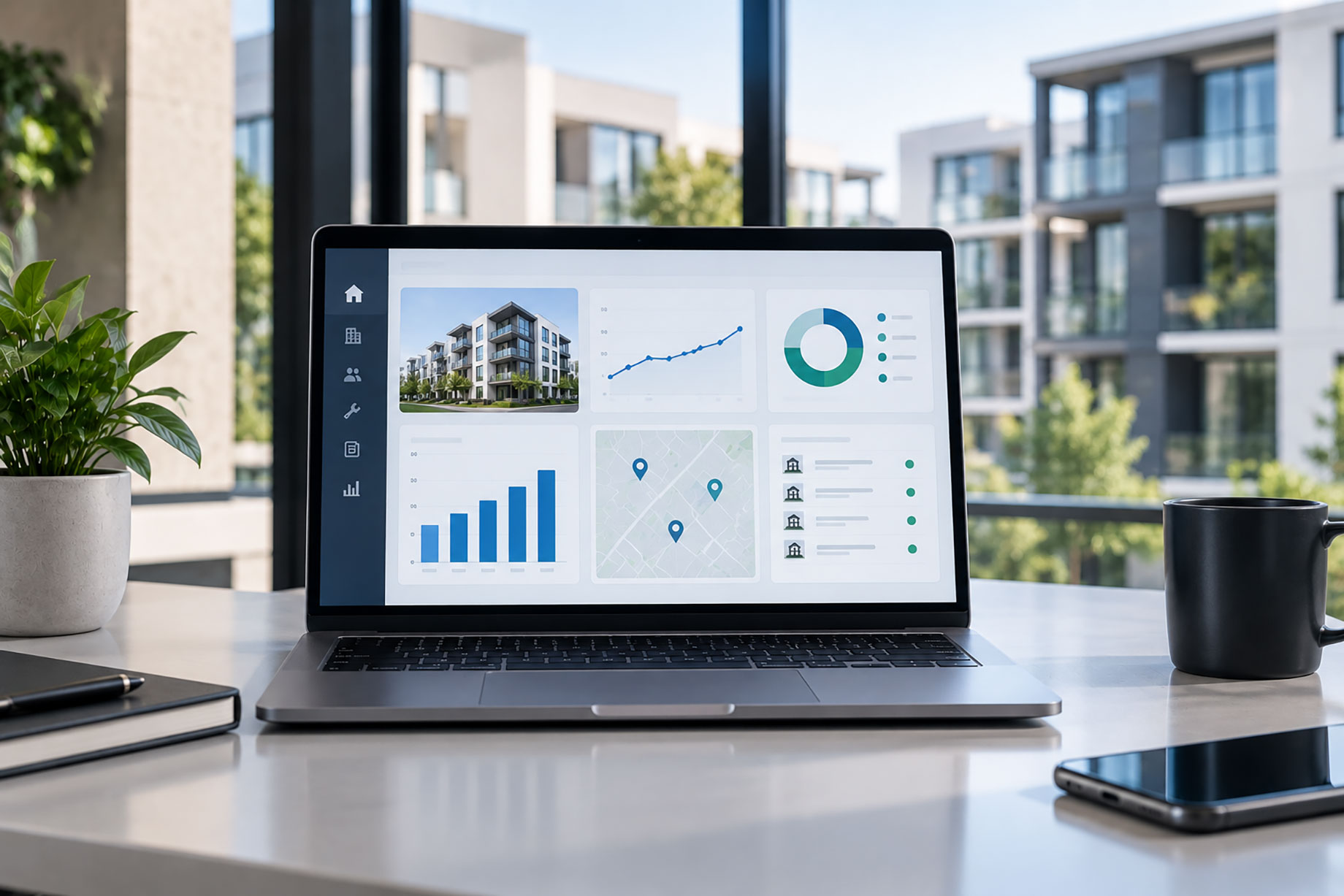 Laptop displaying a modern real estate analytics dashboard with property metrics, charts, maps, and portfolio data in a contemporary office.