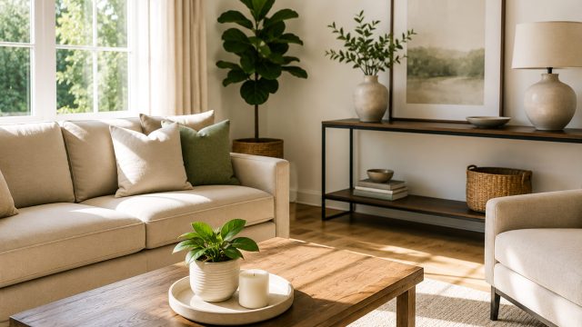 Bright, uncluttered living room with clean upholstery, polished wood floors, clear surfaces, green plants, and natural light through large windows.