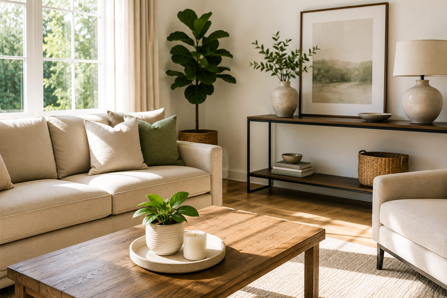 Bright, uncluttered living room with clean upholstery, polished wood floors, clear surfaces, green plants, and natural light through large windows.