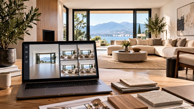 Laptop showing room design options on a wooden table in front of a staged luxury living room with large glass doors and a lake view.