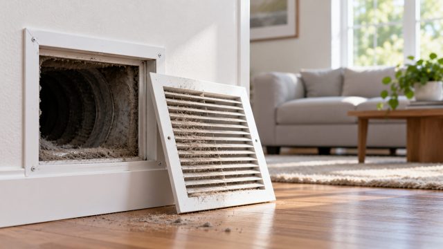 Dusty white vent grille leaning beside an exposed wall duct, with debris on the wood floor and a sunlit living room in the background.