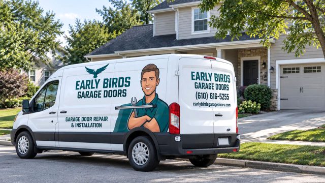 Early Birds Garage Doors service van parked outside a suburban home in the Philadelphia area with a residential garage in the background.