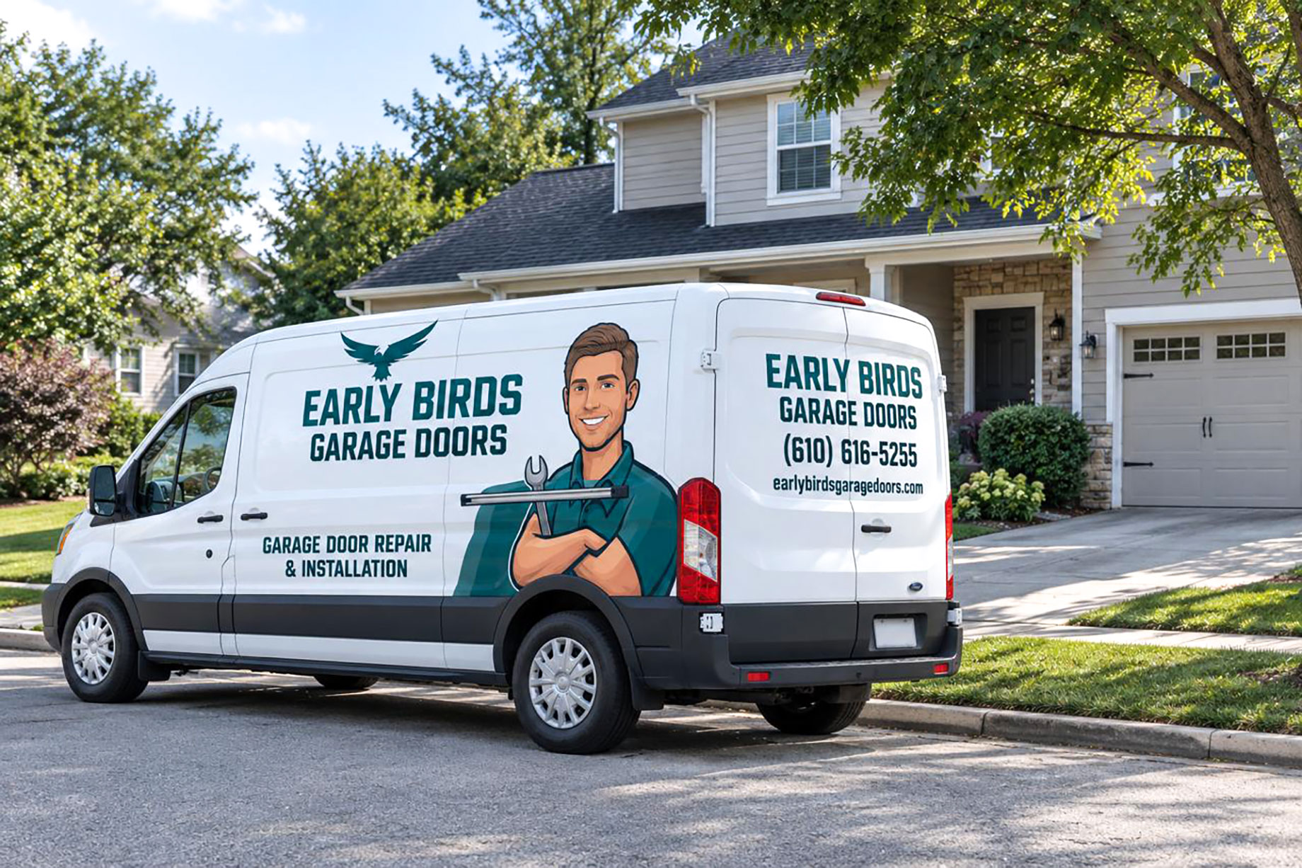 Early Birds Garage Doors service van parked outside a suburban home in the Philadelphia area with a residential garage in the background.