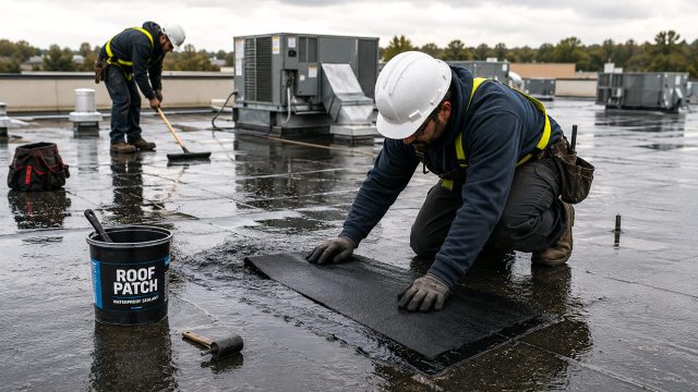 Commercial roofing contractors repairing a damaged flat roof after heavy rain, with standing water, rooftop HVAC equipment, and safety gear visible.