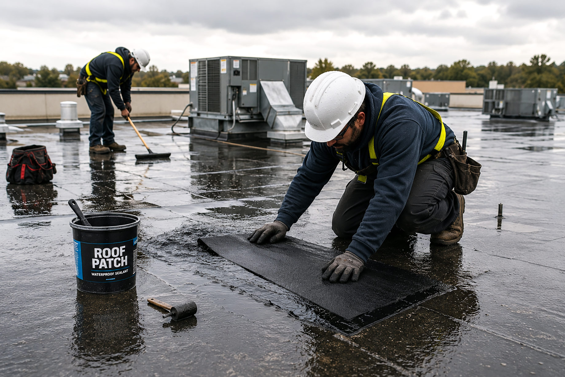 Commercial roofing contractors repairing a damaged flat roof after heavy rain, with standing water, rooftop HVAC equipment, and safety gear visible.