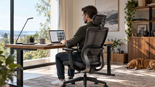 Man working on a laptop in a black mesh office chair with a headrest and lumbar support, while a dog rests beside the wooden desk.