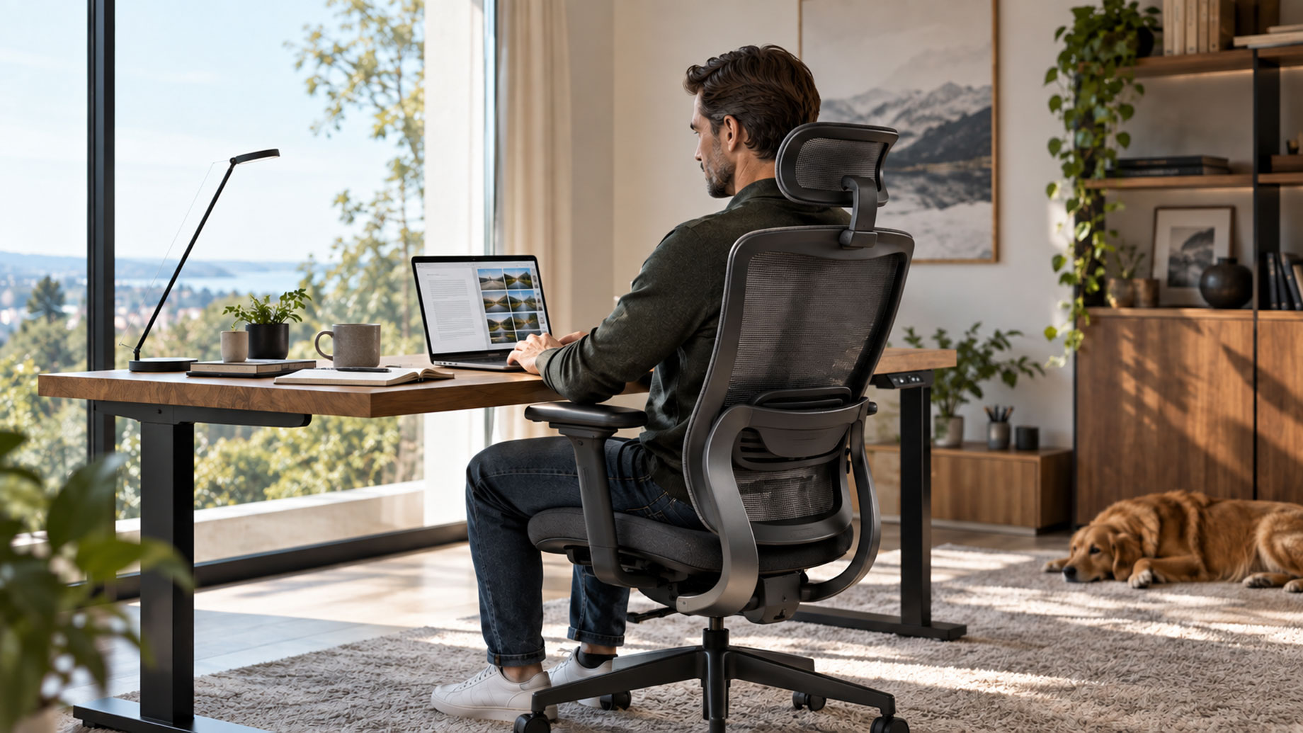 Man working on a laptop in a black mesh office chair with a headrest and lumbar support, while a dog rests beside the wooden desk.