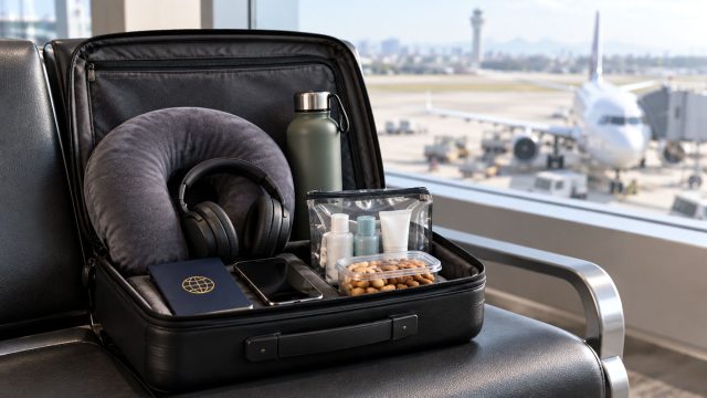 Open carry-on suitcase with a neck pillow, headphones, reusable water bottle, toiletries, snacks, phone, and passport beside an airport window.