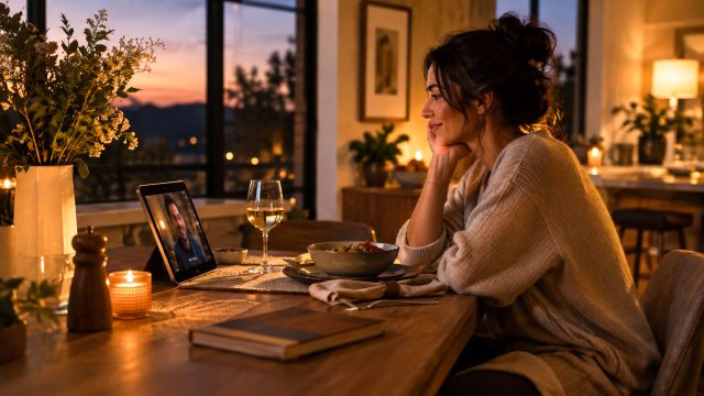 Woman video chatting on a tablet at a wooden dining table beside a meal and candles, with sunset visible through large windows.