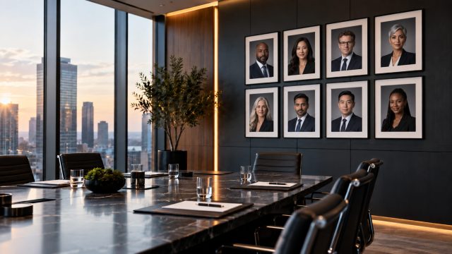 Contemporary boardroom with eight distinct executive portraits arranged in a consistent grid beside city windows at sunset.