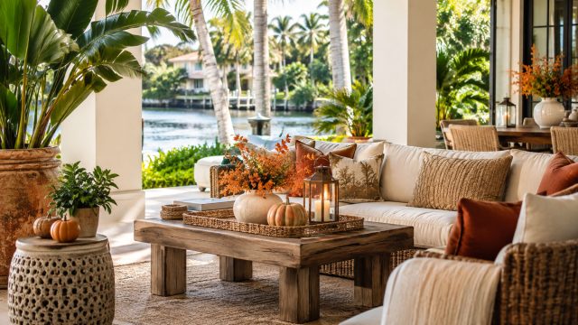 Covered waterfront patio with cream wicker seating, rust-colored pillows, pumpkins, and a candle lantern surrounded by tropical plants.
